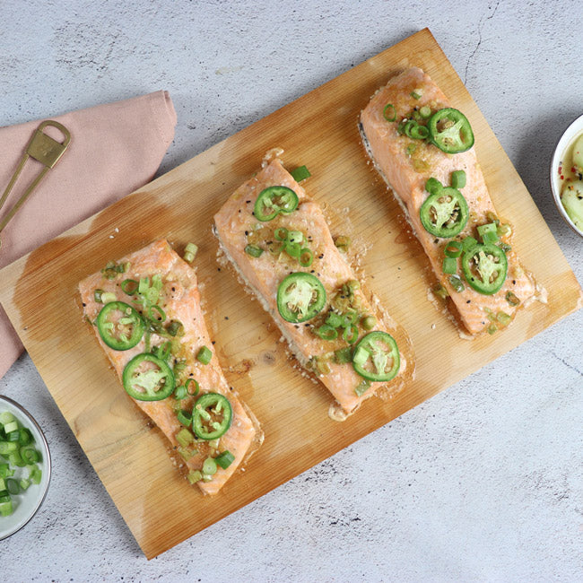 Cedar Plank Salmon with Quick-Pickled Cucumbers