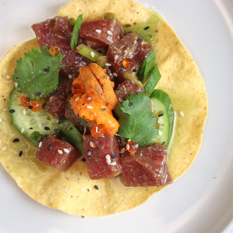 Maine Uni and Tuna Poke Tostadas 